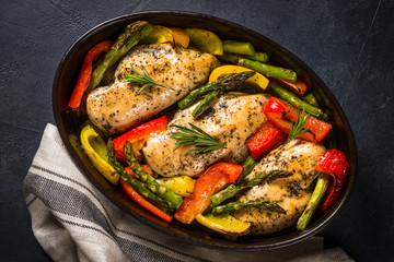 Baked chicken with vegetables top view.