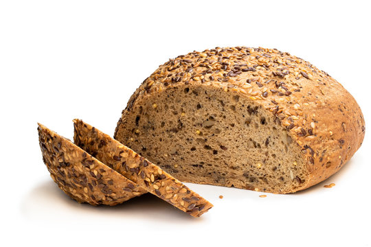 Gluten free multi seed bread with linseed isolated on white