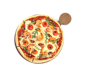 Delicious seafood pizza isolated on white, top view