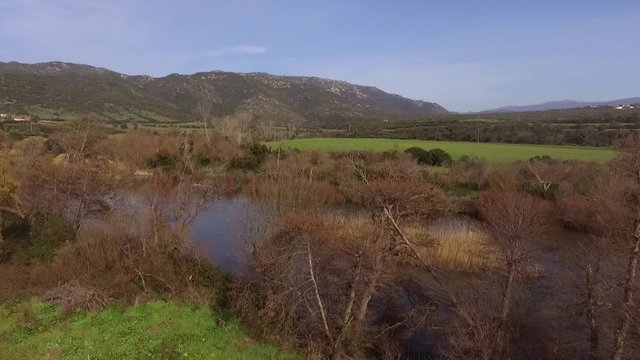 aerial view of the overflight of the lake and coghinas river in sardinia wrapped in trees and agricultural fields with the drone