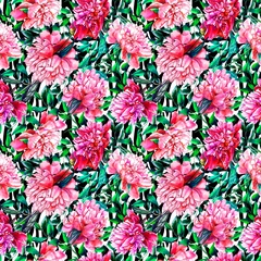 Keuken spatwand met foto Watercolor art pattern of leaves and peonies. Floral seamless pattern. Design for wallpaper, background, packaging, wrapping paper, textile, fabric, covers. © Svetlana Yumaguzina