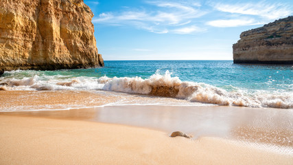 high cliffs on the shore of the Atlantic Ocean. Portugal. Algarve.