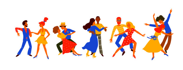 Set of men and women dancing salsa, samba, rumba, latin dance. Male and female dance at school. Characters having fun at party. Flat colorful vector illustration.