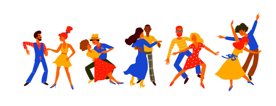 Set of men and women dancing salsa, samba, rumba, latin dance. Male and female dance at school. Characters having fun at party. Flat colorful vector illustration.
