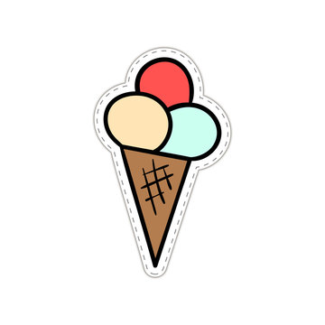 Cute Cartoon ice cream close-up. Ice cream isolate on a white background with a black outline. Ice cream sticker. Vector stock illustration clip-art, stickers, picture on the mug, t-shirt, postcard.