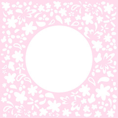 Floral frame white flowers on a pink background. Vector frame with round place for text. Greeting card tamplate with copyspace for invitations to a birthday, wedding, Instagram post, photo frame.