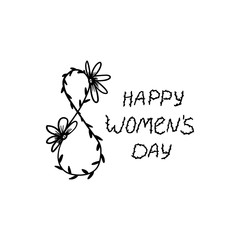 Happy Women's Day postcard isolate. Vector postcard with black number 8 on a white background. Postcard hand draw with letters isolate black on a white background. Number eight from a twig.