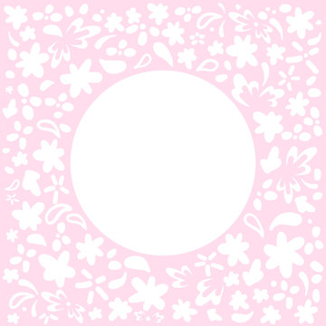 Floral frame white flowers on a pink background. Vector frame with round place for text. Greeting card tamplate with copyspace for invitations to a birthday, wedding, Instagram post, photo frame.