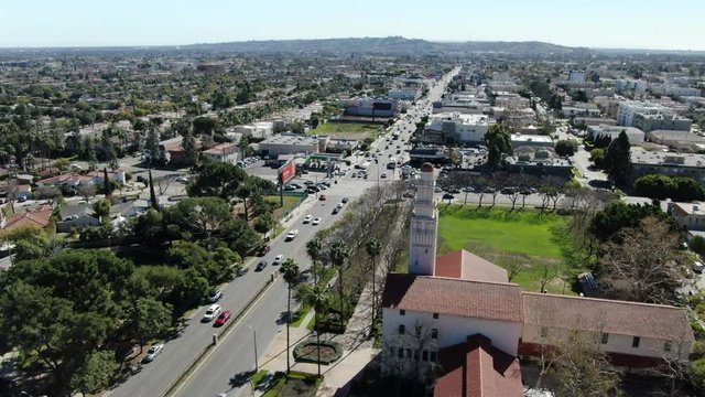 Los Angeles La Cienega and Olympic South View Aerial Shot Forward Tilt