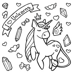 Vector illustration. Hand drawing. Cartoon unicorn. Magical items. Crystals, stars, hearts, elixirs. The inscription "I love unicorns." Isolated on white. Coloring page. Cute character.