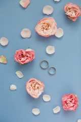 Fototapeta premium Wedding rings near roses and petals on a blue background.