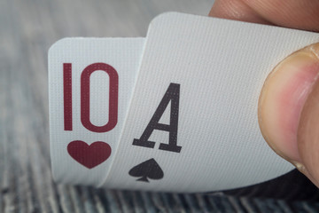 Macro shot of playing cards on a casino table