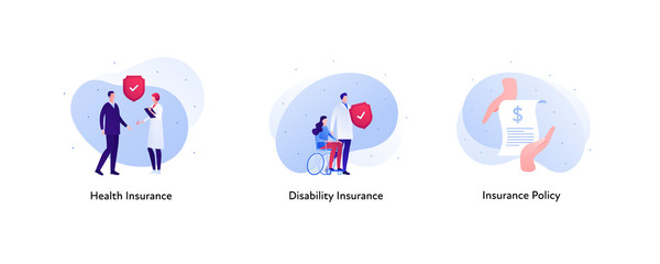 Insurance color icon collection. Health and disablity policy concept. Vector flat Illustration set. Businessman and doctor, woman in wheelchair. Design element for business banner, poster, web, ui.
