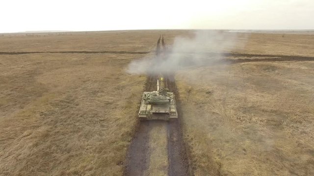 Ukraine, Kiev region, February 25, 2020,Tank company drills,T-64 tank on the battlefield, Video from drone 4k, 4k video