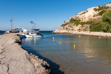Fototapeta na wymiar A small port with boats for rent at Kolymbia beach on Rhodes island. Greece