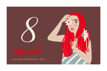 Happy International Women’s Day. Greeting card for women or Mother’s Day. Cute card, banner, poster for the holiday of women’s day on March 8. Feminisms concept template design. Vector template
