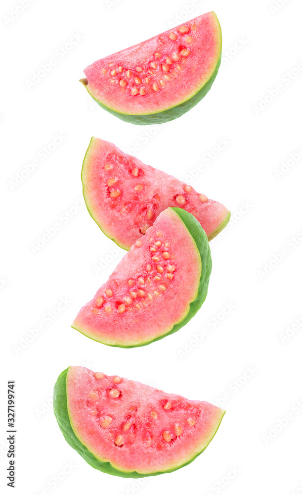 Fototapete isolated guava slices. four wedges of green pink fleshed guava fruits isolated on white background w