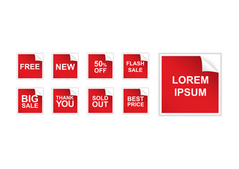 Pack of red squares sticker with curled corner