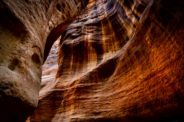 Abstract picture of rocky walls in The Siq, entrance in Petra, Jordan