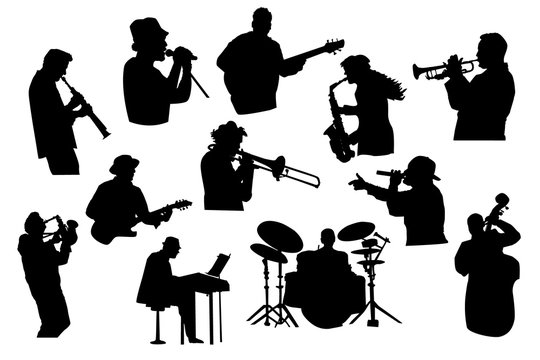 Set black silhouettes of musicians isolated on white background. Jazz, rock or pop band musicians playing instruments. Collection of singer and musician people in different poses. Stock vector