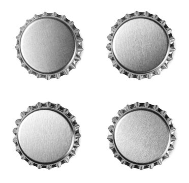 Set New Bottle Cap For Beer Isolated On White, Top View, Macro 