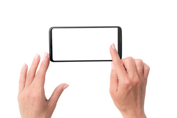 Mock up of user hands with black smartphone for your design isolated on a white background