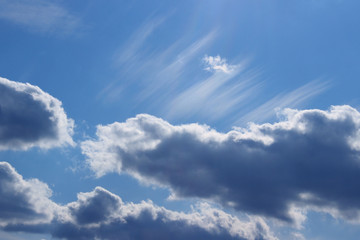 Blurry image of cloudy sky. Blue sky and white clouds. Colorful nature background.