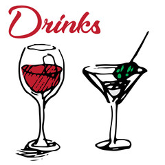 Vector illustration of cocktail and wine in glasses