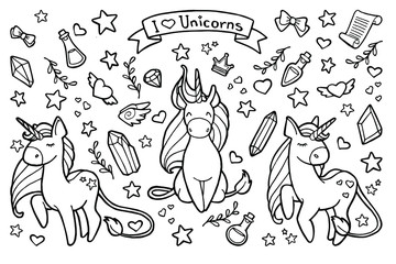 Vector illustration. Hand drawing. Cartoon unicorn. Magical items. Crystals, stars, hearts, elixirs. The inscription 