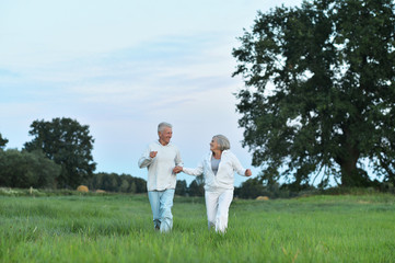 Naklejka na ściany i meble Happy beautiful senior couple running in summer field