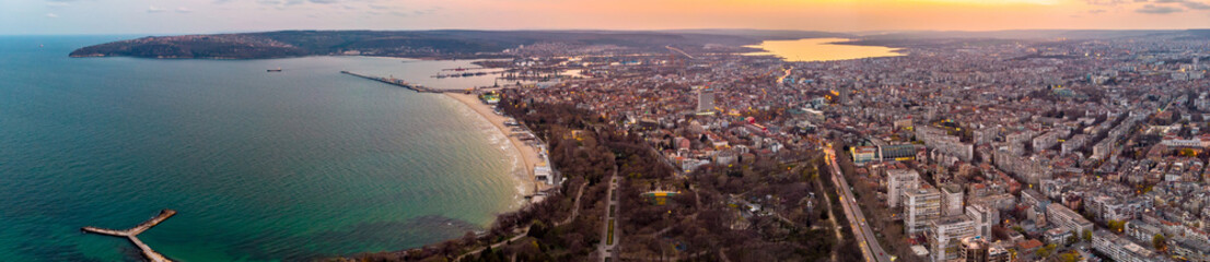 Aerial panoramic view of Varna, Bulgaria at sunset in autumn