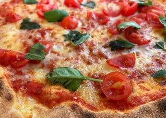 Close up view of a cheese pizza with cherry tomatoes and fresh basil