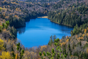 Aerial view of a blue lake located in the Mauricie national park,  Canada