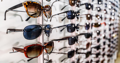 Sunglasses on display shelves in glasses store