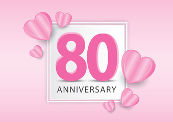 80 Years Anniversary Logo Celebration With heart background. Valentine’s Day Anniversary banner vector template