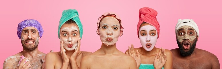 Collage shot of emotional people wear facial masks for having healthy skin and complexion, look...