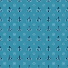 Sea helm, anchor, waves. Vector pattern, marine background. Seamless pattern can be used for wallpaper, pattern fills, web page background, surface textures.