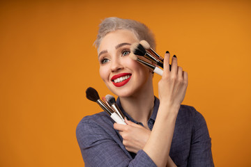 Close up portrait makeup artist. Make up courses. Concept of self visage masterclasess. Fashion professional.