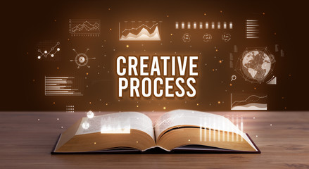 CREATIVE PROCESS inscription coming out from an open book, creative business concept