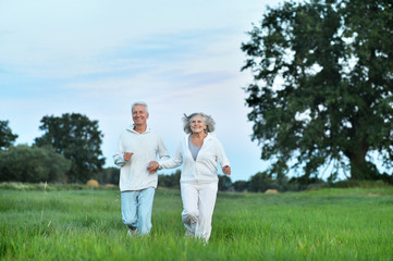 Happy beautiful senior couple running in summer field