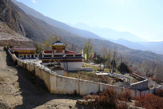 Muktinath Gompa monastery Narsing Gumba (Marme Lhakhang) in Mustang Land, Himalays, Nepal. During trekking around Annapurna, Annapurna Circuit