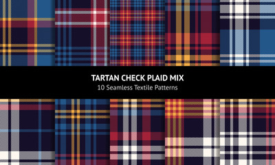 Tartan plaid pattern set. Seamless dark multicolored check plaid texture in blue, red, yellow, and off white for flannel shirt, blanket, throw, upholstery, or other modern fabric design.