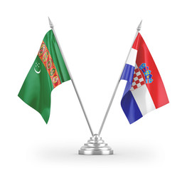 Croatia and Turkmenistan table flags isolated on white 3D rendering