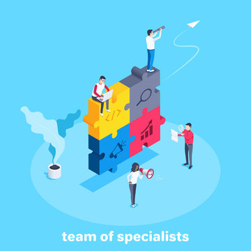 isometric vector image on a blue background, a large folded puzzle with business icons and people with a spyglass and loudspeaker, laptop and magnifier, a team of specialists