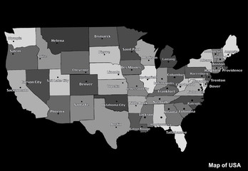 Map of USA with regions and cities. White and black graphic illustration with map of USA. American map with regions. Map with abstract grey colors.