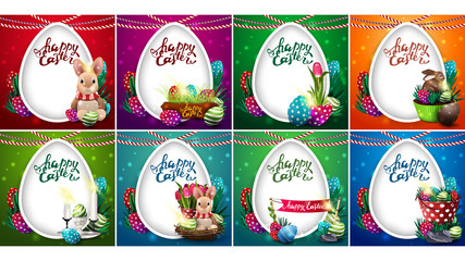 Happy Easter, collection square postcards with Easter icons, lettering and large white egg ready for print. Easter card in cartoon style