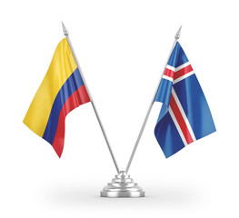 Iceland and Colombia table flags isolated on white 3D rendering