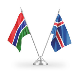 Iceland and Gambia table flags isolated on white 3D rendering