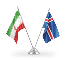 Iceland and Iran table flags isolated on white 3D rendering