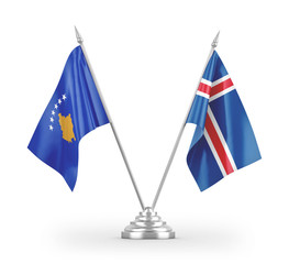 Iceland and Kosovo table flags isolated on white 3D rendering